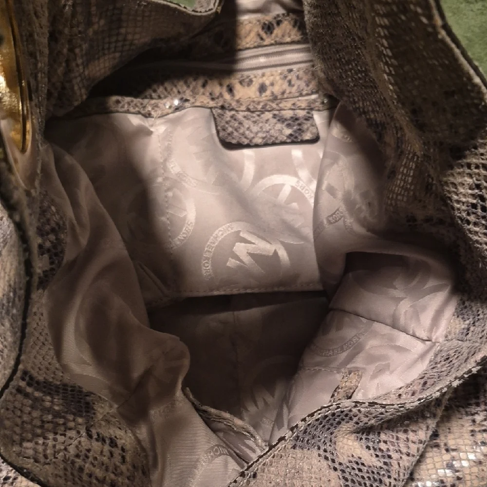Michael Kors Taupe Snakeskin-Print Shoulder Bag with Gold MK Accent